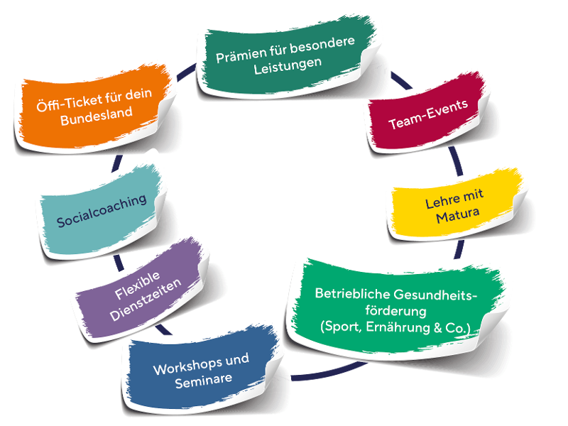 Öffi-Ticket für dein Bundesland; Prämien für besondere Leistungen; Team-Events; Lehre mit Matura; Betriebliche Gesundheitsförderung; Workshops und Seminare; Flexible Dienstzeiten; Sozialcoaching