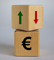 Holzwürfel Euro und Richtungssymbolen, Foto: Dmitry Demidovich/Shutterstock.com