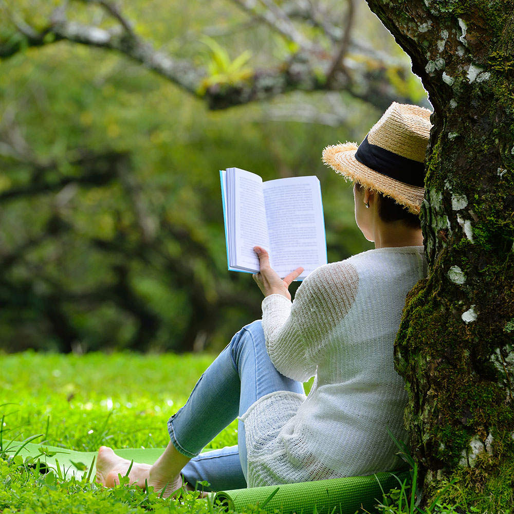 Frau sitzt unter einem Baum und liest ein Buch /Credit: shutterstock.com_amenic181