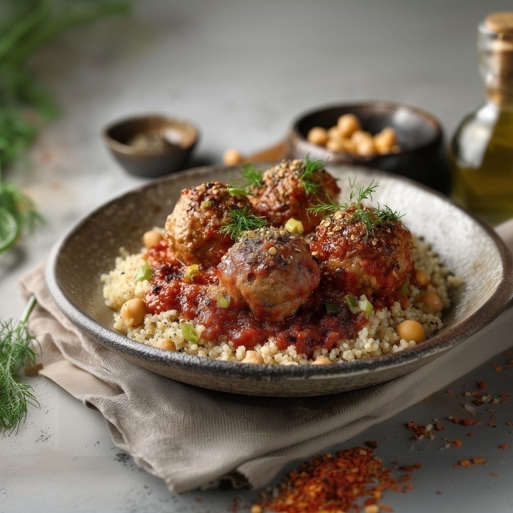 Mehr Informationen zum Thema: Fleischbällchen auf mediterraner Tomatensauce und Kichererbsen-Bulgur